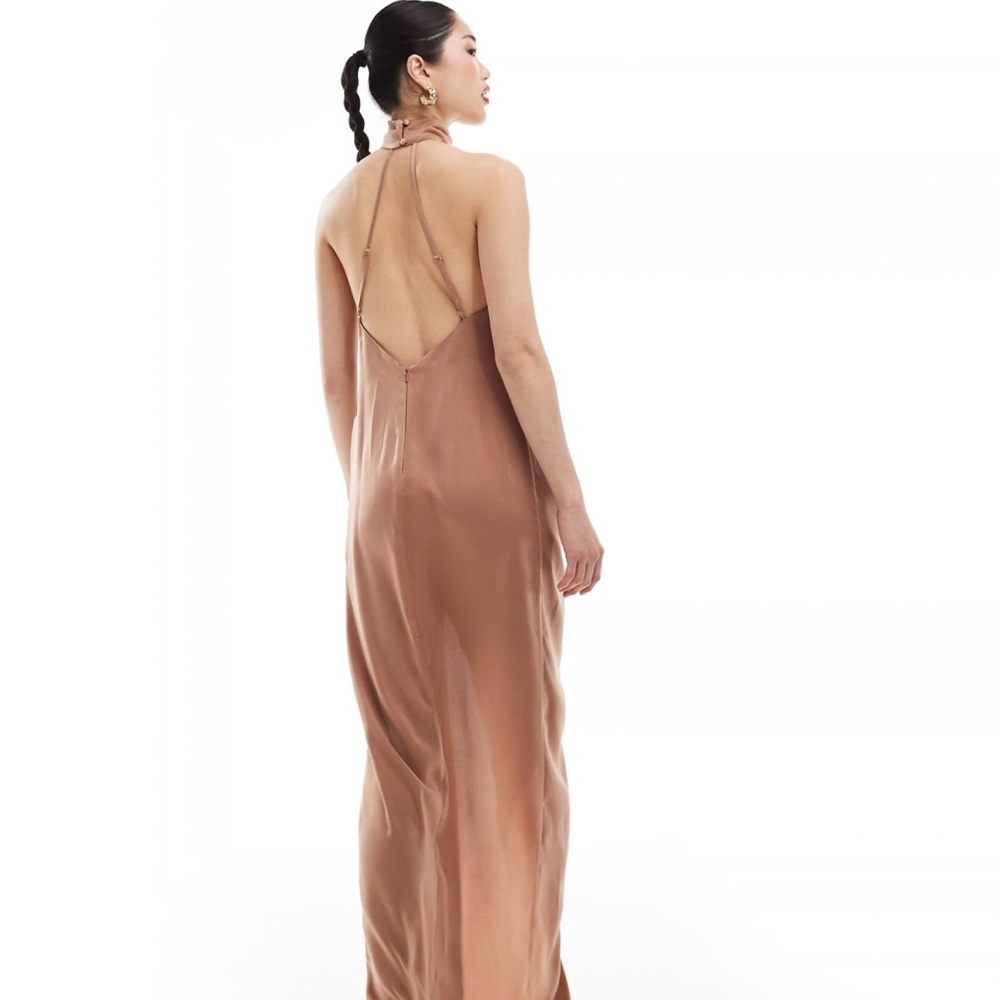 ASOS halter neck satin maxi dress with twist front in mocha